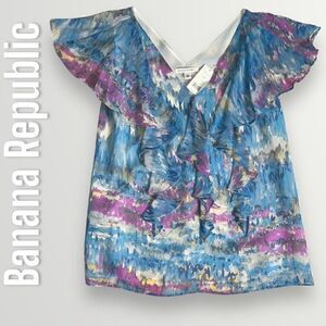 Banana Republic Multi-Color Silk Blouse, Flutter Sleeves & Ruffle Bib, Women’s M